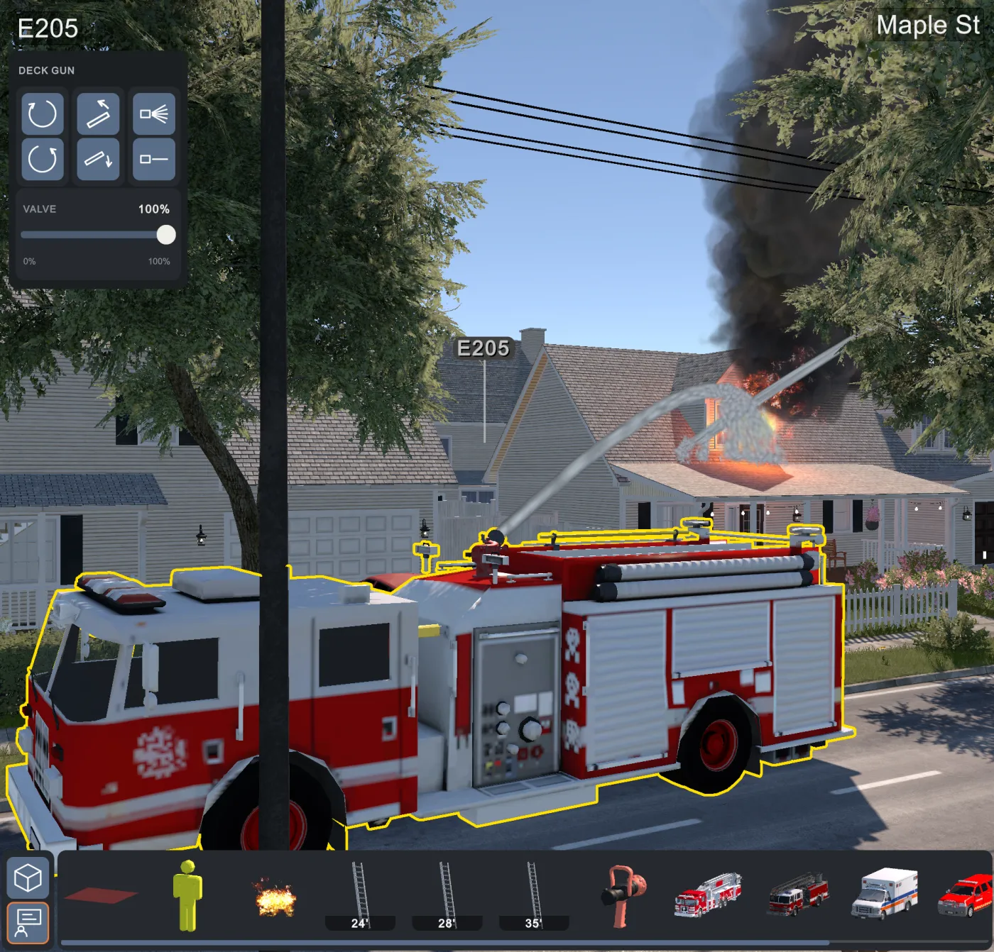 An engine parked at the curb with its deck gun flowing into a dormer window, fire showing. The prop catalog runs along the bottom of the screen.