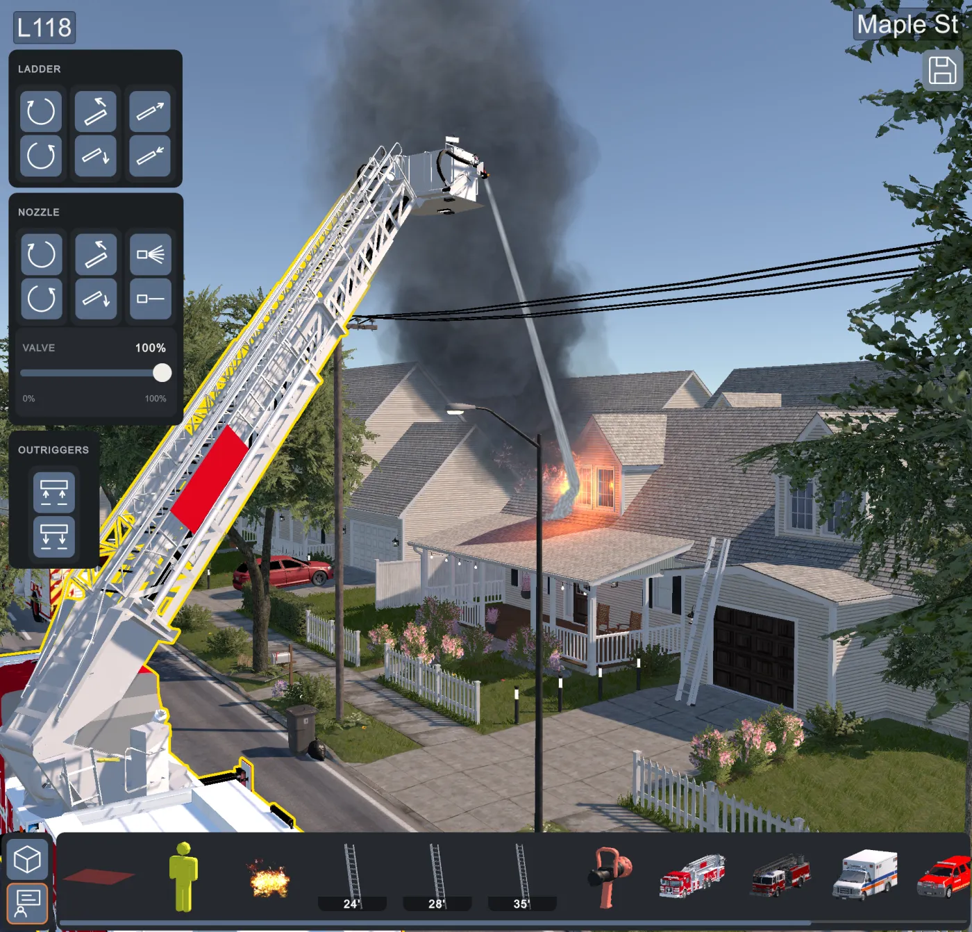 An aerial platform set up in the street with its master stream into a second-floor dormer, fire venting from the window and heavy black smoke above the roof. Ladder, nozzle, and outrigger controls are on screen as pictograms.